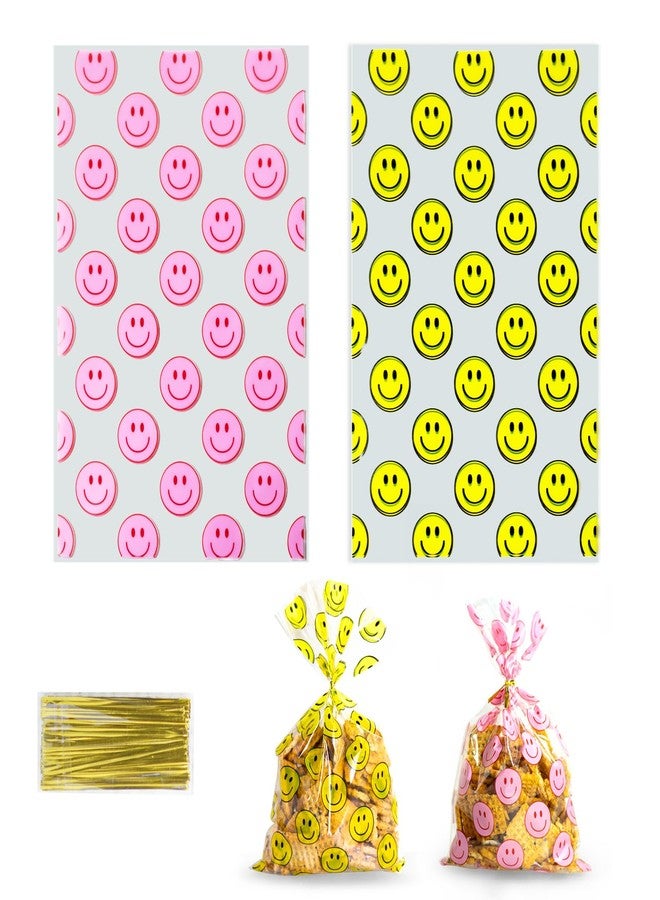 Eunoir 100 Pack Goodie Bags Plastic Gift Bags with Twist Ties 5x9 Inch – Clear Treat Bags with Happy Face Print, Party Favor Bags for Candy, Snacks, Gifts, Events & Celebrations - Image 1